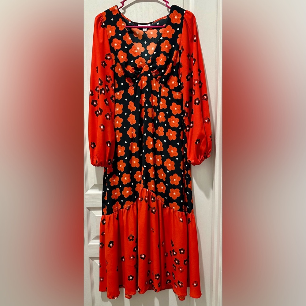 Topshop Long Sleeve Flounced Floral ColorBlock Midi Dress Navy & Poppy Red TB15 - Picture 3 of 12